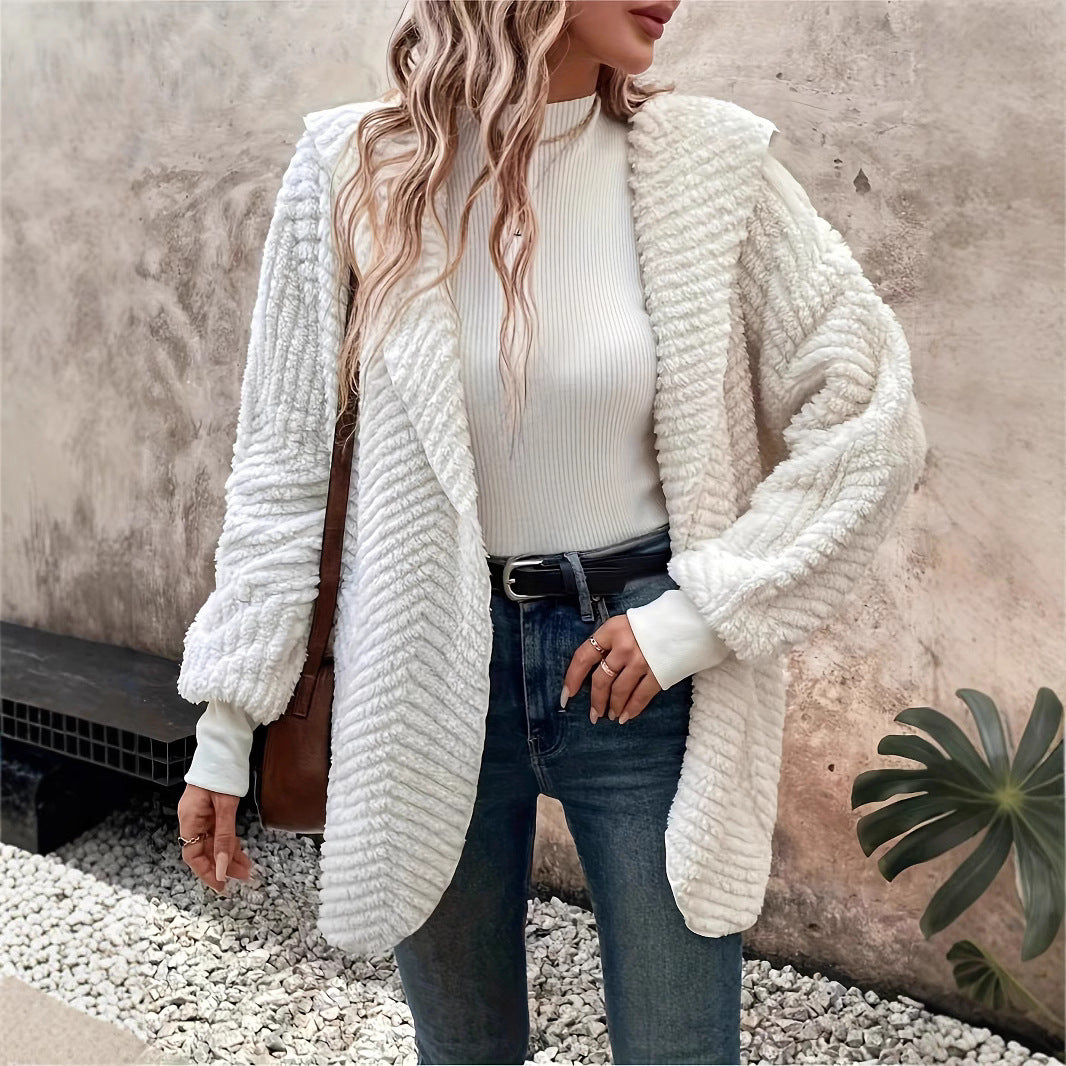 Cardigan à capuche femme – velours double face à motifs vagues