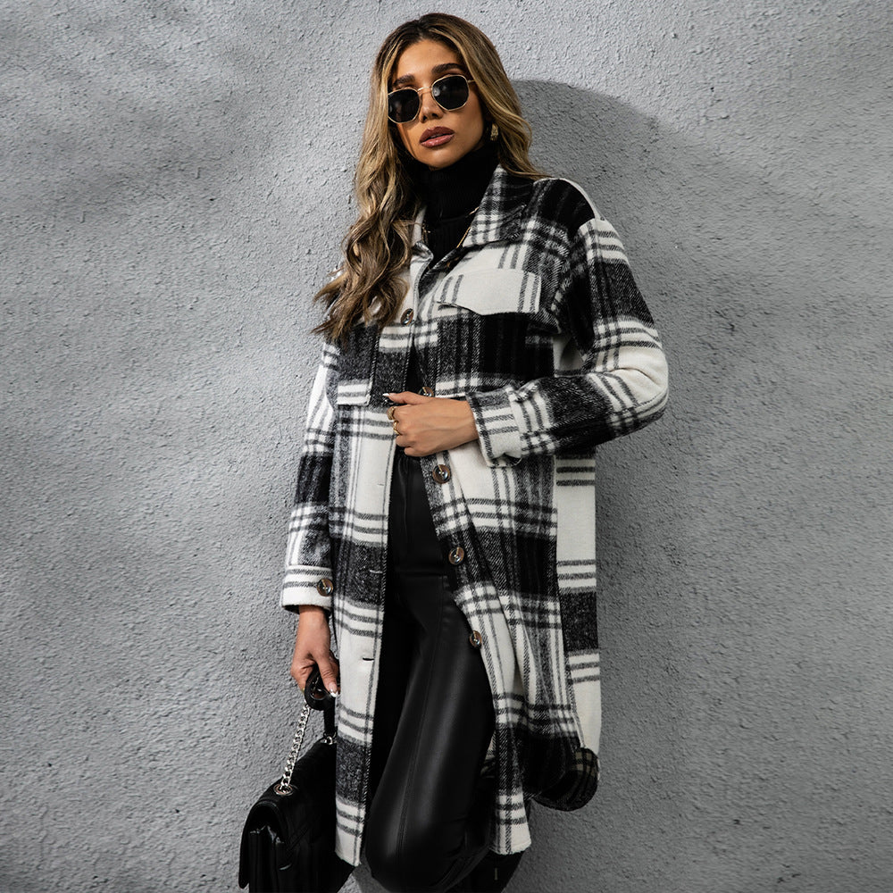 Manteau femme à carreaux – laine épaisse chic