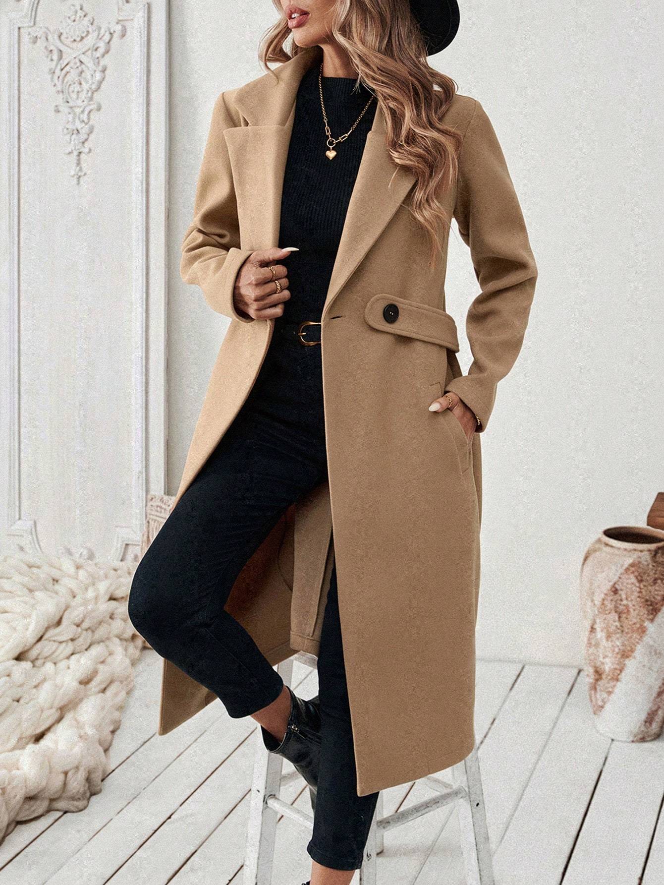 Manteau femme ceinturé uni – automne/hiver chic