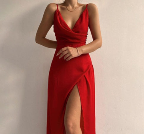 Robe femme d’été – col V fendu à bretelles, coupe slim
