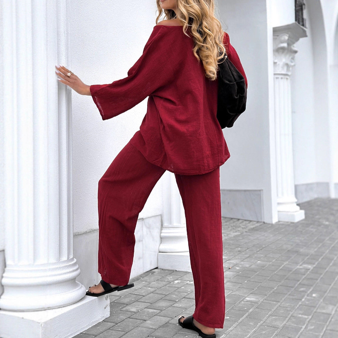 Ensemble femme coton & lin – top col rond et pantalon ample à lien