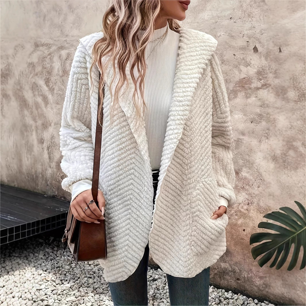 Cardigan à capuche femme – velours double face à motifs vagues