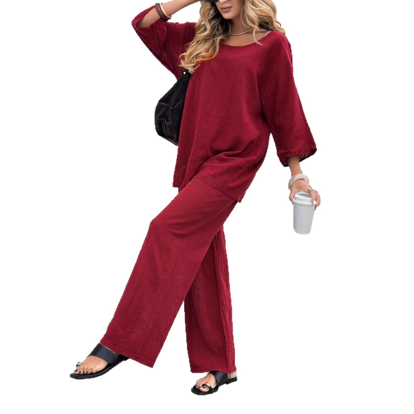 Ensemble femme coton & lin – top col rond et pantalon ample à lien