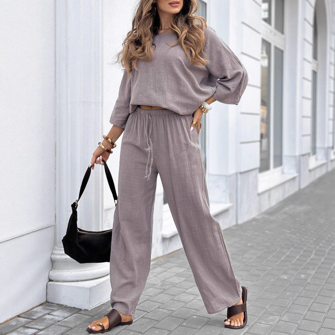 Ensemble femme coton & lin – top col rond et pantalon ample à lien