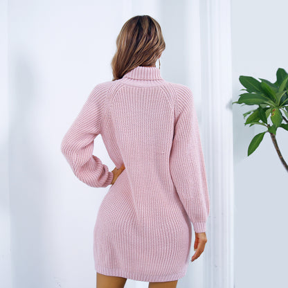 Robe pull longue femme – col roulé à boutons hiver