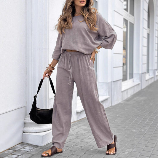 Ensemble femme coton & lin – top col rond et pantalon ample à lien