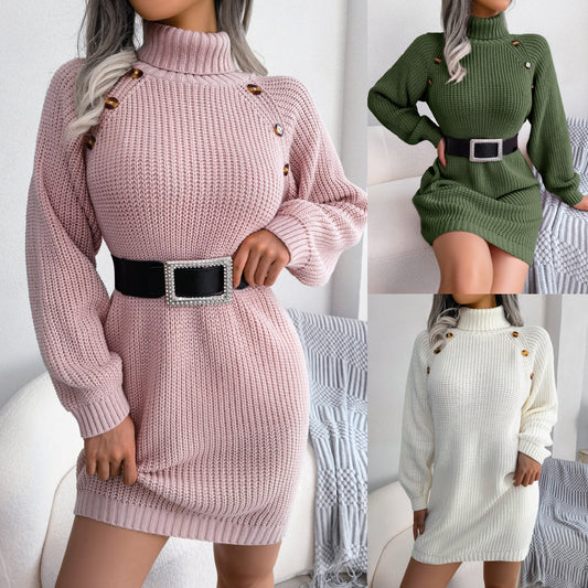 Robe pull longue femme – col roulé à boutons hiver